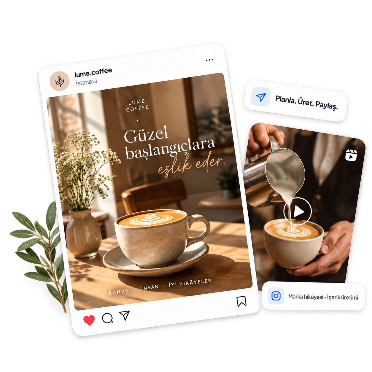 Örnek sosyal medya çalışması: Lume Coffee paylaşımı ve kahve hazırlama Reels görseli