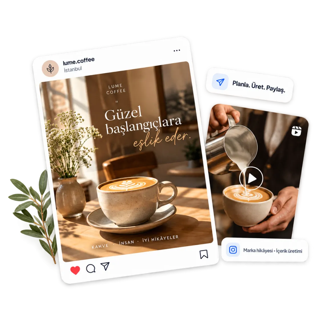Örnek sosyal medya çalışması: Lume Coffee paylaşımı ve kahve hazırlama Reels görseli